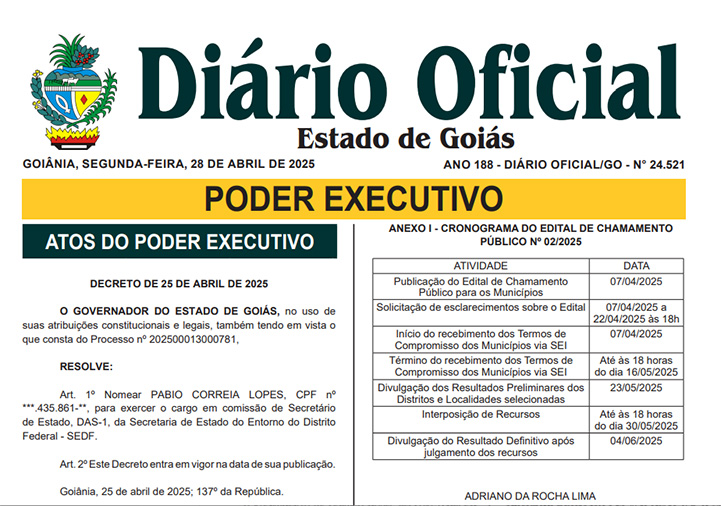 diario-oficial-goias-nomeacao-mosorro Pábio Mossoró é nomeado secretário do Entorno do Distrito Federal para impulsionar desenvolvimento regional